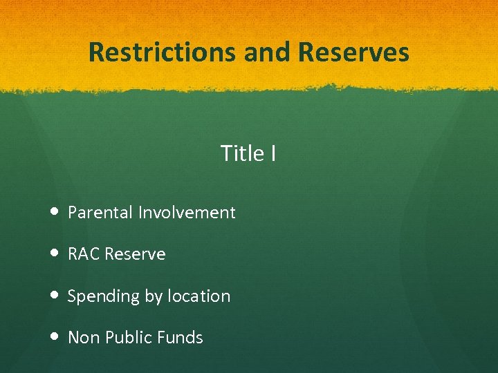 Restrictions and Reserves Title I Parental Involvement RAC Reserve Spending by location Non Public