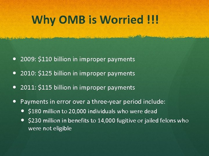Why OMB is Worried !!! 2009: $110 billion in improper payments 2010: $125 billion