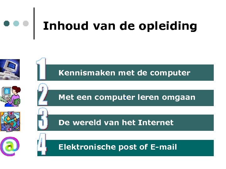 Inhoud van de opleiding 1 Kennismaken met de computer Met een computer leren omgaan