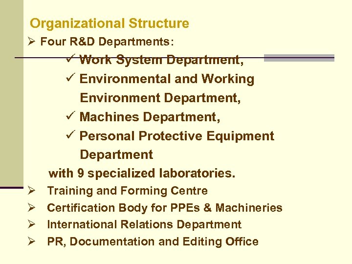 Organizational Structure Ø Four R&D Departments: ü Work System Department, ü Environmental and Working