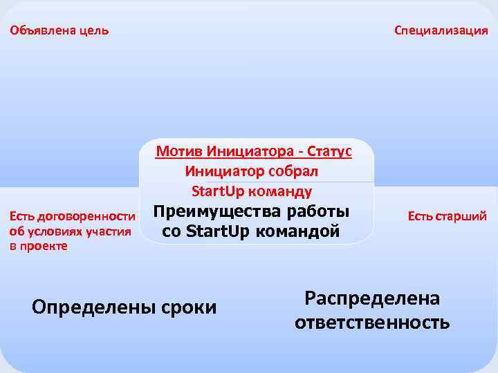 Специализация Объявлена цель Есть договоренности об условиях участия в проекте Мотив Инициатора - Статус