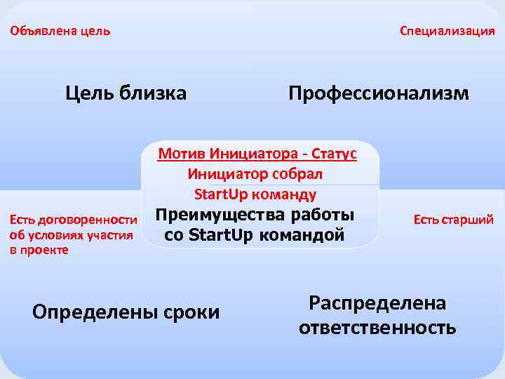 Специализация Объявлена цель Цель близка Есть договоренности об условиях участия в проекте Профессионализм Мотив