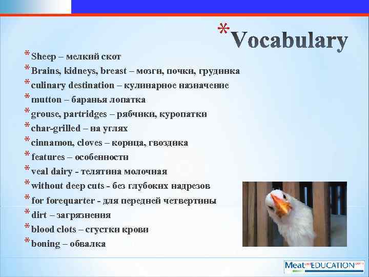 * * Sheep – мелкий скот * Brains, kidneys, breast – мозги, почки, грудинка