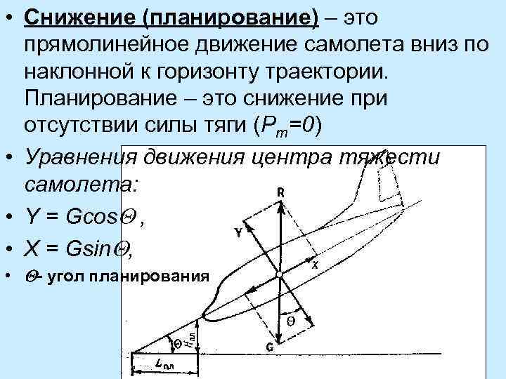 Сила тяги самолета при скорости. Схема силы при планировании. Планирование самолета. Снижение самолета. Планирование схема сил и уравнения движения.