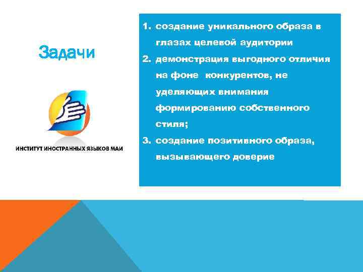 1. создание уникального образа в Задачи глазах целевой аудитории 2. демонстрация выгодного отличия на