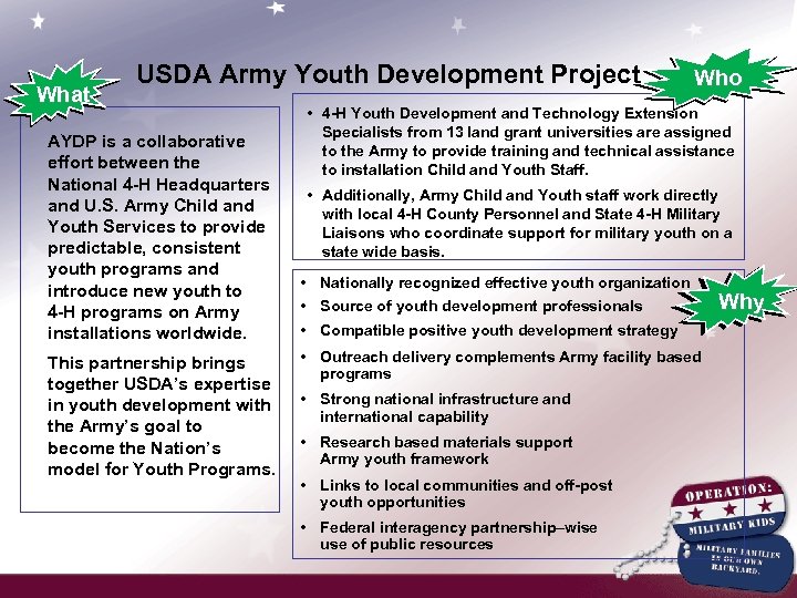 What USDA Army Youth Development Project AYDP is a collaborative effort between the National