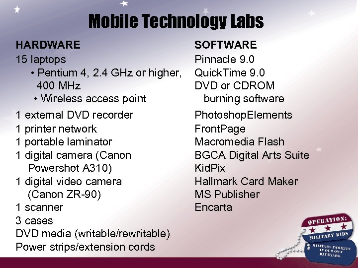 Mobile Technology Labs HARDWARE 15 laptops • Pentium 4, 2. 4 GHz or higher,
