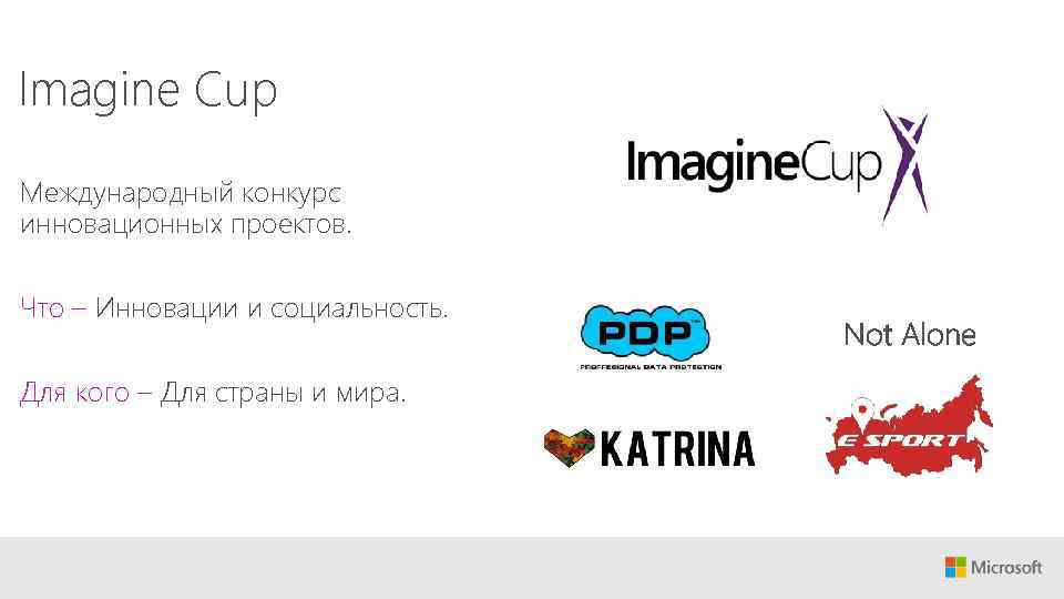 Imagine Cup Международный конкурс инновационных проектов. Что – Инновации и социальность. Для кого –