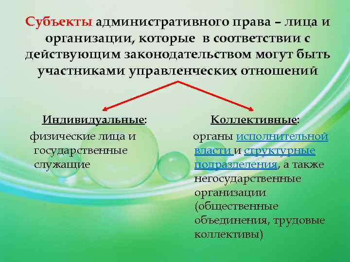Субъекты административного права – лица и организации, которые в соответствии с действующим законодательством могут