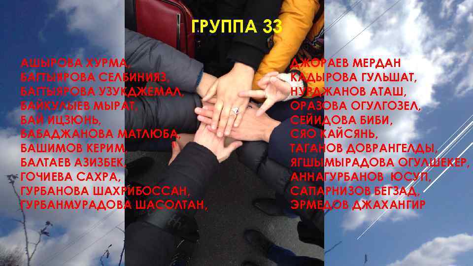 ГРУППА 33 АШЫРОВА ХУРМА, БАГТЫЯРОВА СЕЛБИНИЯЗ, БАГТЫЯРОВА УЗУКДЖЕМАЛ, БАЙКУЛЫЕВ МЫРАТ, БАЙ ИЦЗЮНЬ, БАБАДЖАНОВА МАТЛЮБА,