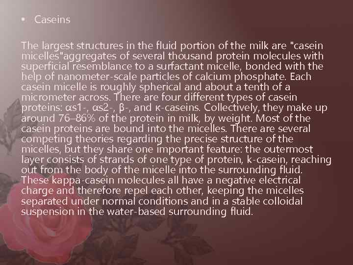  • Caseins The largest structures in the fluid portion of the milk are