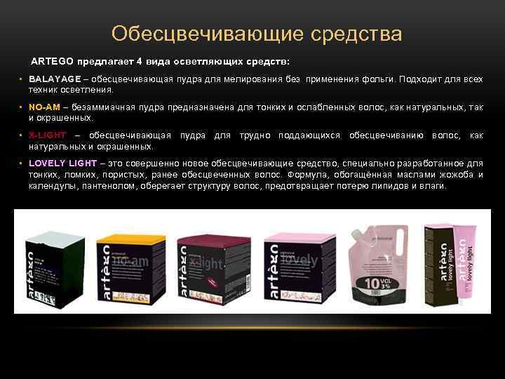 Обесцвечивающие средства ARTEGO предлагает 4 вида осветляющих средств: • BALAYAGE – обесцвечивающая пудра для