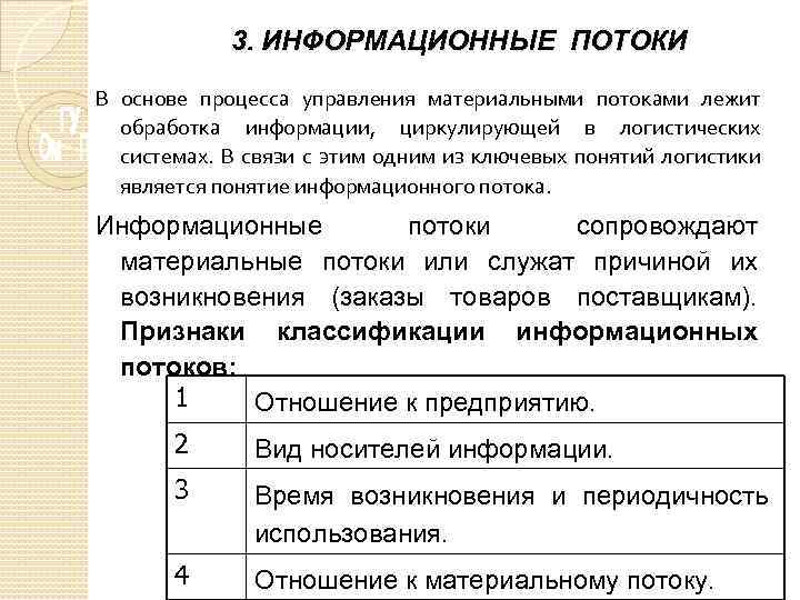 3. ИНФОРМАЦИОННЫЕ ПОТОКИ В основе процесса управления материальными потоками лежит обработка информации, циркулирующей в