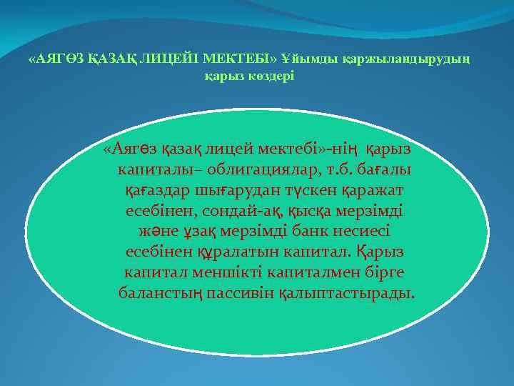  «АЯГӨЗ ҚАЗАҚ ЛИЦЕЙІ МЕКТЕБІ» Ұйымды қаржыландырудың қарыз көздері «Аягөз қазақ лицей мектебі» -нің