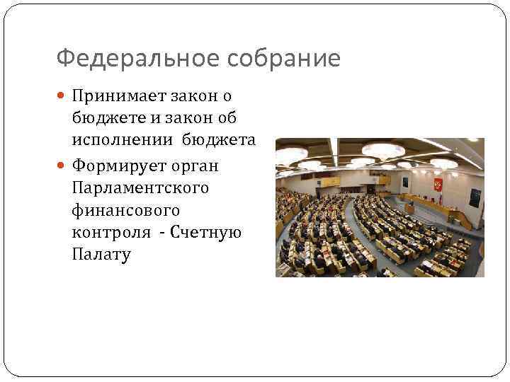 Федеральное собрание Принимает закон о бюджете и закон об исполнении бюджета Формирует орган Парламентского