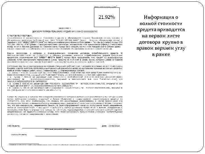 Информация о полной стоимости кредита приводится на первом листе договора крупно в правом верхнем