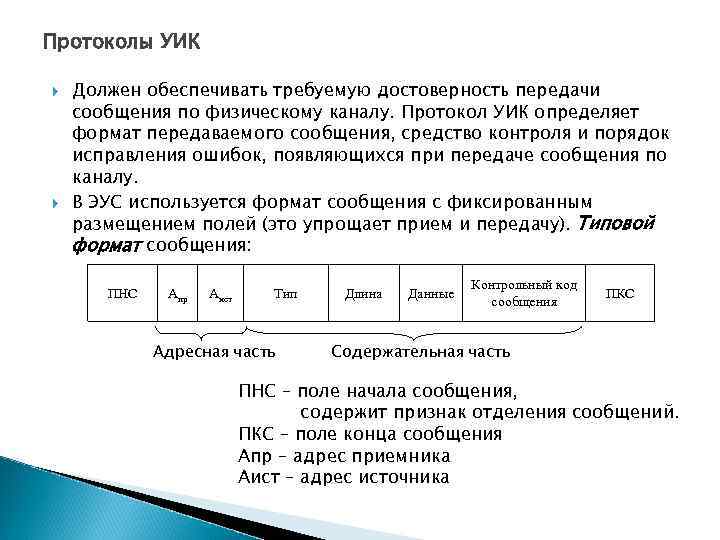 Протоколы УИК Должен обеспечивать требуемую достоверность передачи сообщения по физическому каналу. Протокол УИК определяет