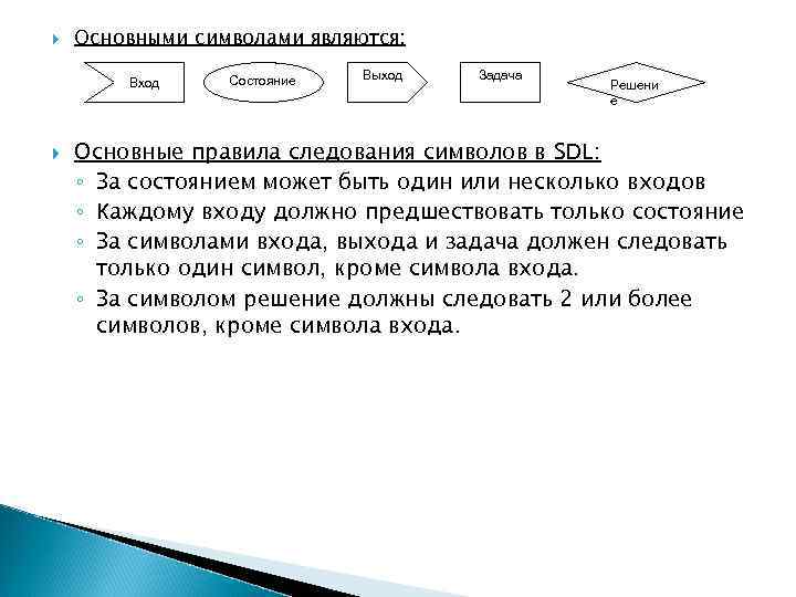  Основными символами являются: Вход Состояние Выход Задача Решени е Основные правила следования символов