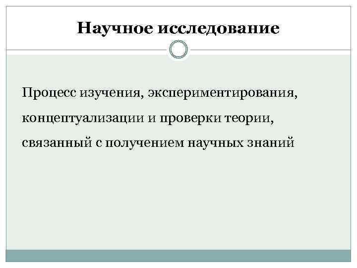 Научное исследование Процесс изучения, экспериментирования, концептуализации и проверки теории, связанный с получением научных знаний