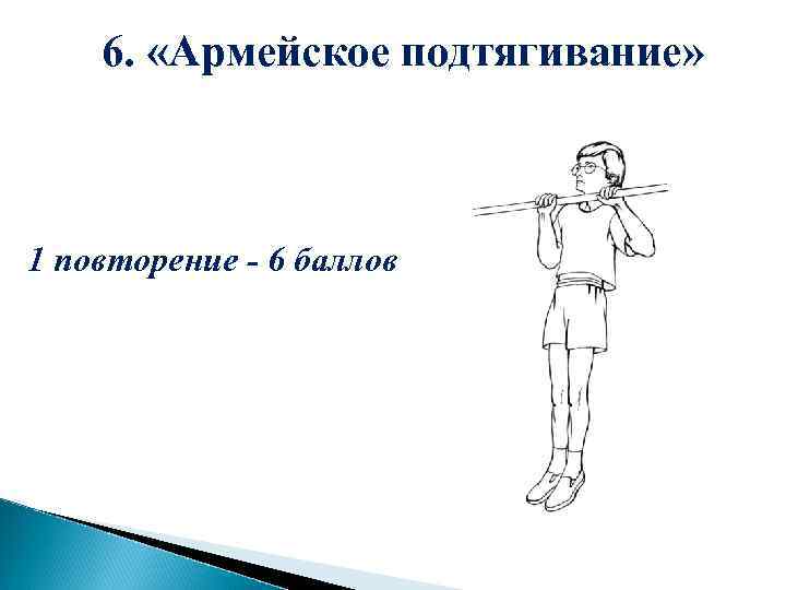 6. «Армейское подтягивание» 1 повторение - 6 баллов 