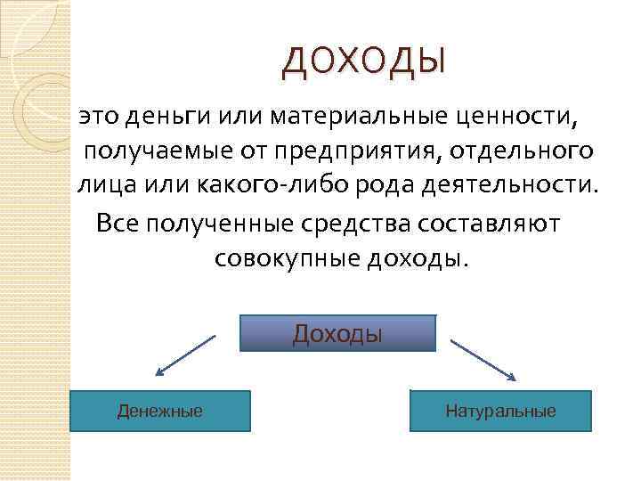 ДОХОДЫ это деньги или материальные ценности, получаемые от предприятия, отдельного лица или какого либо