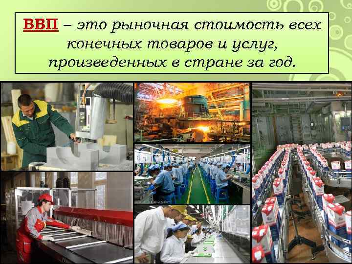 ВВП – это рыночная стоимость всех конечных товаров и услуг, произведенных в стране за