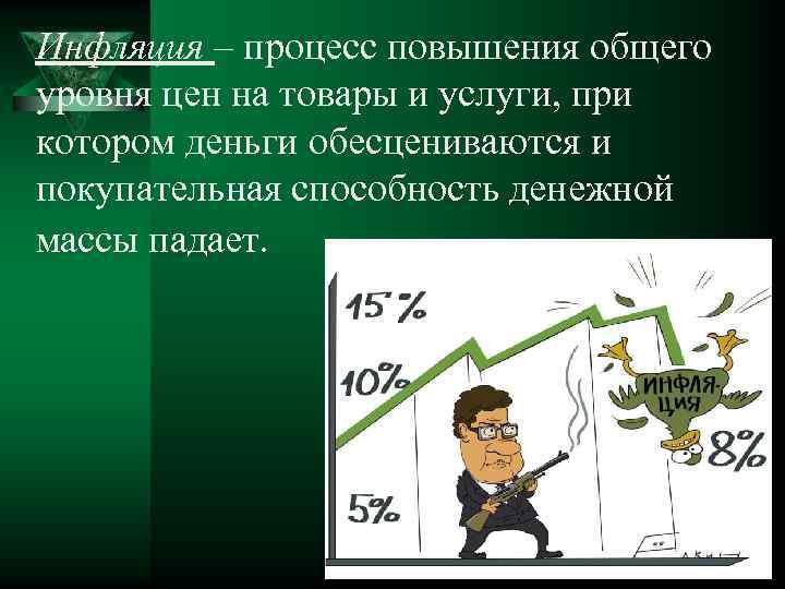 Инфляция – процесс повышения общего уровня цен на товары и услуги, при котором деньги