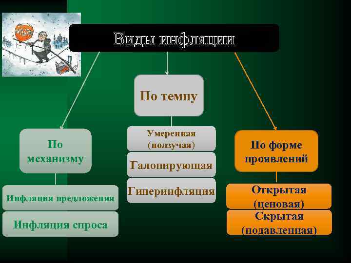 Виды инфляции По темпу По механизму Инфляция предложения Инфляция спроса Умеренная (ползучая) Галопирующая Гиперинфляция