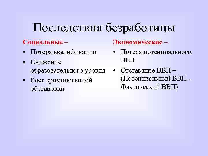 Последствия безработицы Социальные – • Потеря квалификации • Снижение образовательного уровня • Рост криминогенной