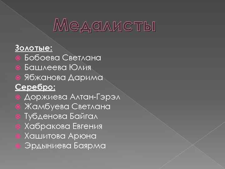 Медалисты Золотые: Бобоева Светлана Башлеева Юлия Ябжанова Дарима Серебро: Доржиева Алтан-Гэрэл Жамбуева Светлана Тубденова