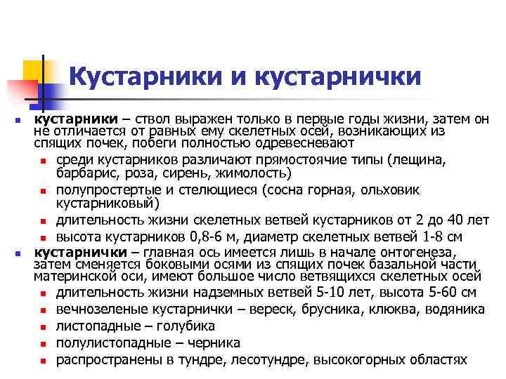 Кустарники и кустарнички n n кустарники – ствол выражен только в первые годы жизни,