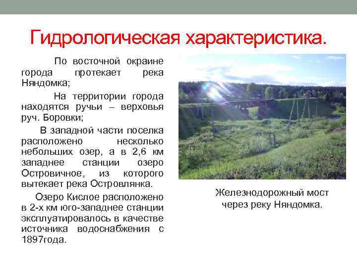 Гидрологическая характеристика. По восточной окраине города протекает река Няндомка; На территории города находятся ручьи