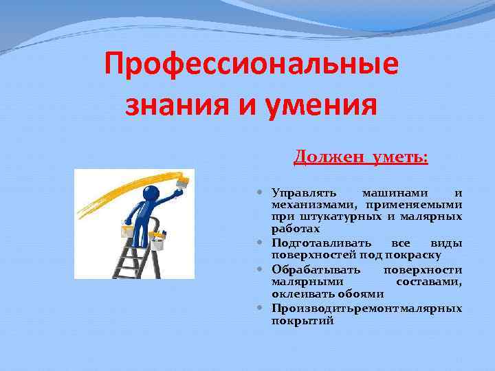 Профессиональные знания и умения Должен уметь: Управлять машинами и механизмами, применяемыми при штукатурных и