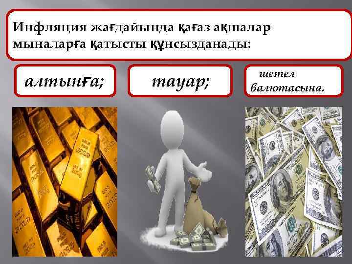 Инфляция жағдайында қағаз ақшалар мыналарға қатысты құнсызданады: алтынға; тауар; шетел валютасына. 