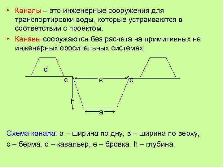  • Каналы – это инженерные сооружения для транспортировки воды, которые устраиваются в соответствии