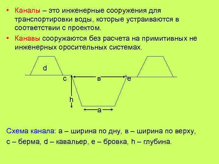  • Каналы – это инженерные сооружения для транспортировки воды, которые устраиваются в соответствии