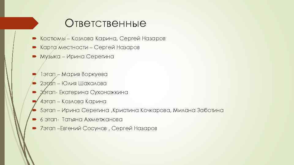 Ответственные Костюмы – Козлова Карина, Сергей Назаров Карта местности – Сергей Назаров Музыка –
