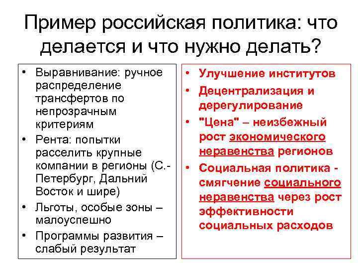 Пример российская политика: что делается и что нужно делать? • Выравнивание: ручное распределение трансфертов