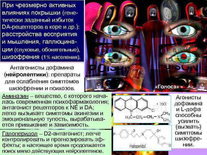 При чрезмерно активных влияниях покрышки (генетически заданный избыток DA-рецепторов в коре и др. ):