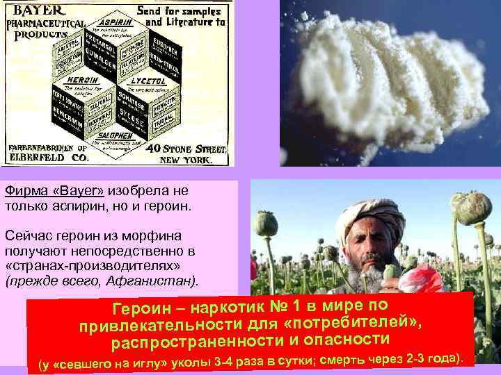 Фирма «Bayer» изобрела не только аспирин, но и героин. Сейчас героин из морфина получают