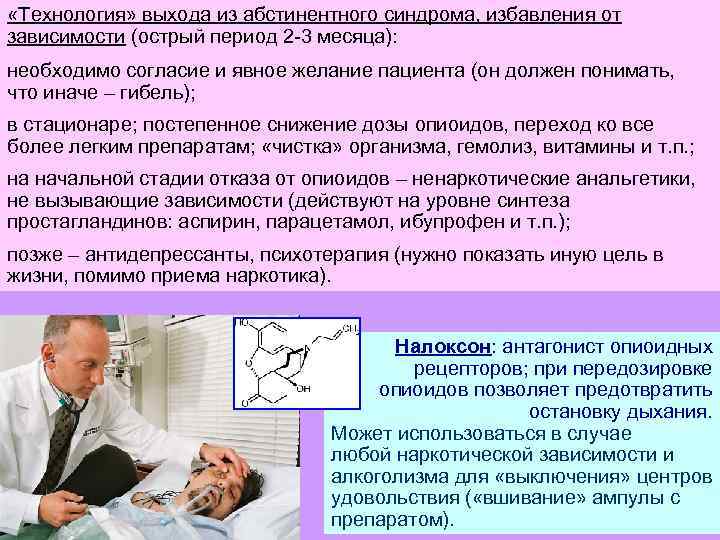  «Технология» выхода из абстинентного синдрома, избавления от зависимости (острый период 2 -3 месяца):