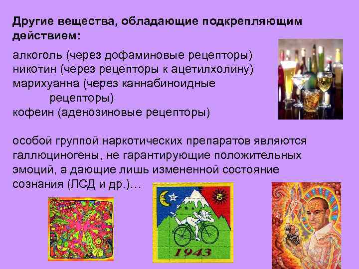 Другие вещества, обладающие подкрепляющим действием: алкоголь (через дофаминовые рецепторы) никотин (через рецепторы к ацетилхолину)