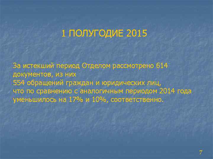 1 ПОЛУГОДИЕ 2015 За истекший период Отделом рассмотрено 614 документов, из них 554 обращений