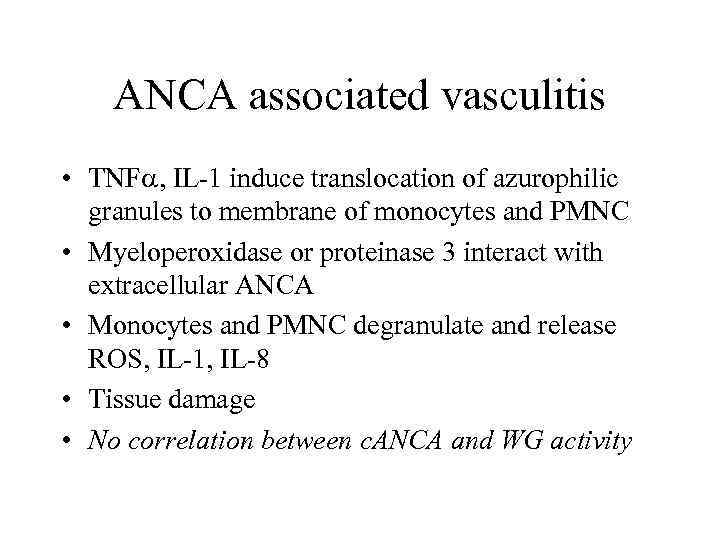 ANCA associated vasculitis • TNF , IL-1 induce translocation of azurophilic granules to membrane