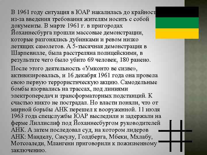 В 1961 году ситуация в ЮАР накалилась до крайности из-за введения требования жителям носить