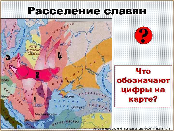 Расселение славян ? Что обозначают цифры на карте? Автор: Михайлова Н. М. - преподаватель