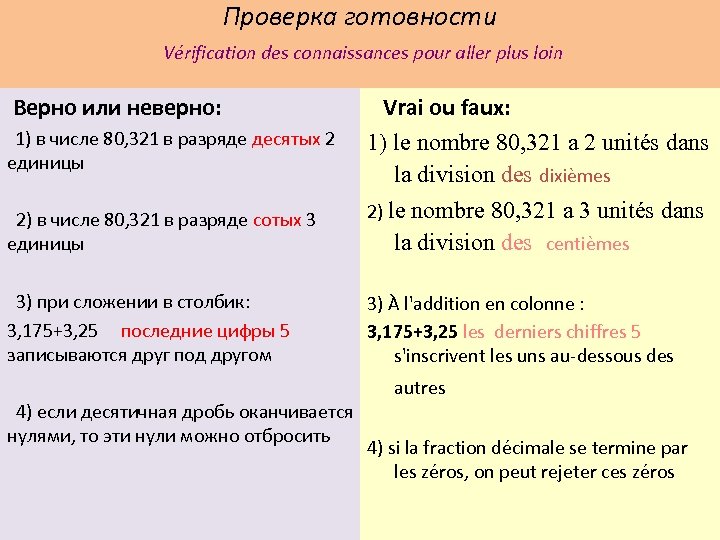 Проверка готовности Vérification des connaissances pour aller plus loin Верно или неверно: Vrai ou