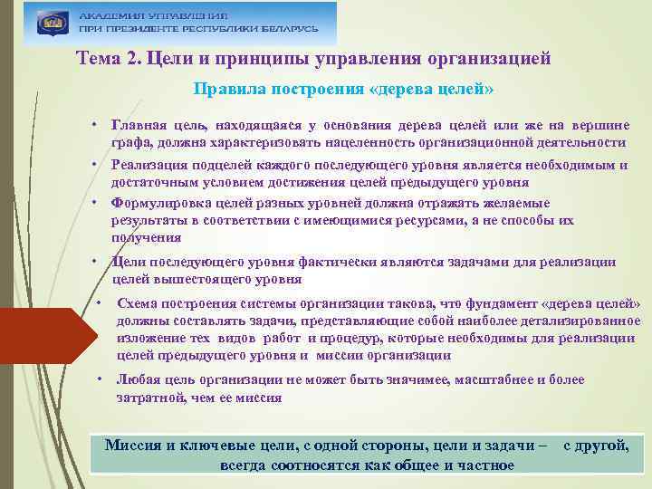 Тема 2. Цели и принципы управления организацией Правила построения «дерева целей» • Главная цель,