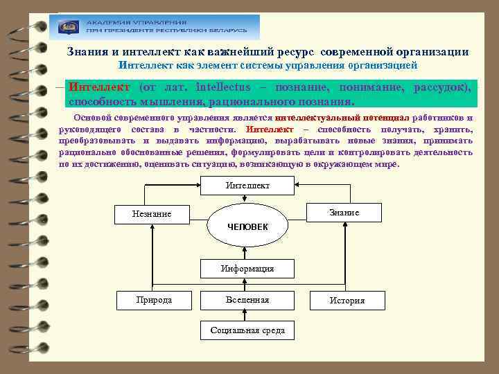 Знания и интеллект как важнейший ресурс современной организации Интеллект как элемент системы управления организацией