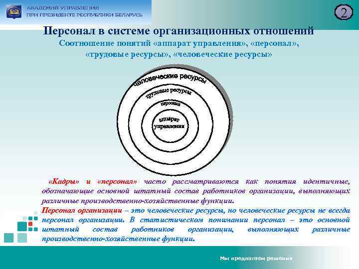 2 Персонал в системе организационных отношений Соотношение понятий «аппарат управления» , «персонал» , «трудовые